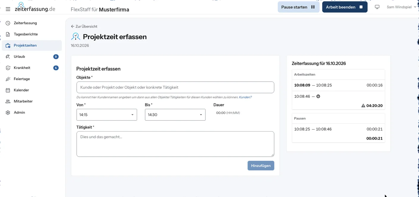 zeiterfassung.de: Formular zum Erfassen einer Projektzeit mit Objekt, Von, Bis und Tätigkeit